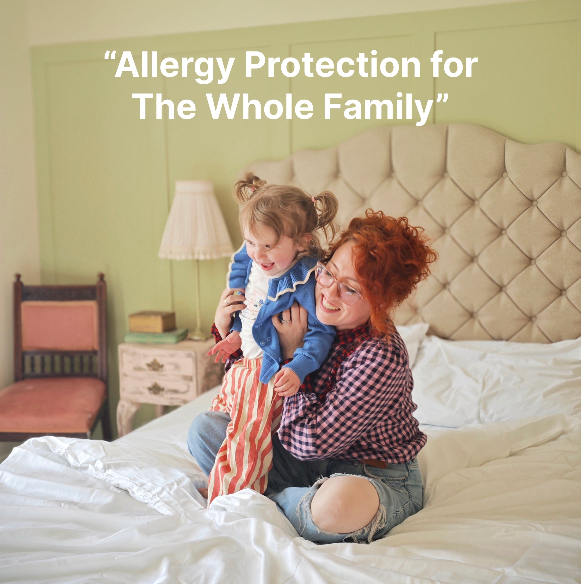 Woman holding a child on a bed with text 'Allergy Protection for The Whole Family' above.