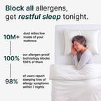 Woman sleeping in a bed with text about allergen-blocking technology.