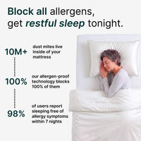 Woman sleeping in a bed with text about allergen-blocking technology.