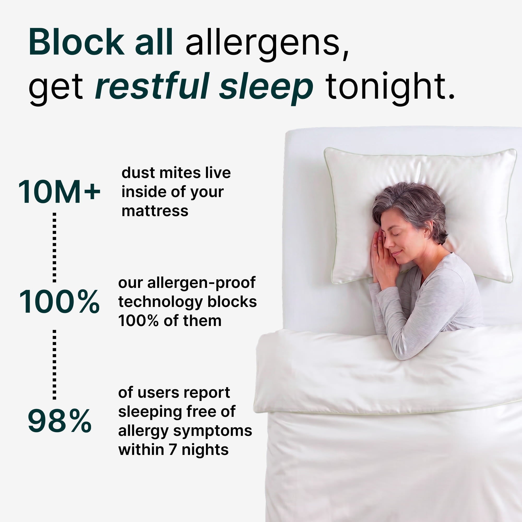 Woman sleeping in a bed with text about allergen-blocking technology.