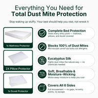 Product description of mattress, pillow, and duvet protectors for dust mite protection.