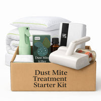 Dust mite treatment starter kit with various items on a white background