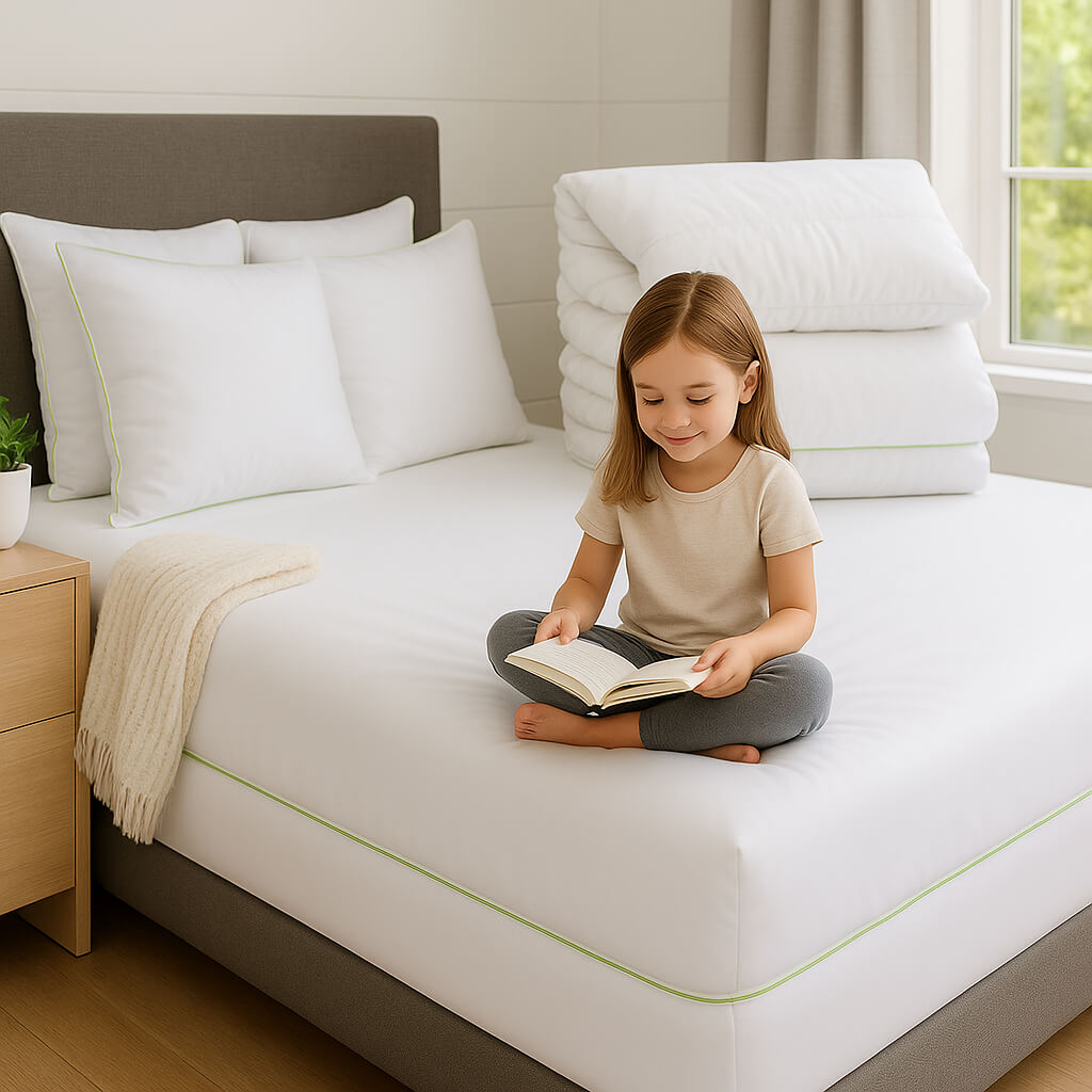 A young girl reading a book on a neatly made bed featuring iDustMite Eucalyptus Silk anti-dust-mite bedding, including smooth mattress encasement and pillows with green zips for allergy protection