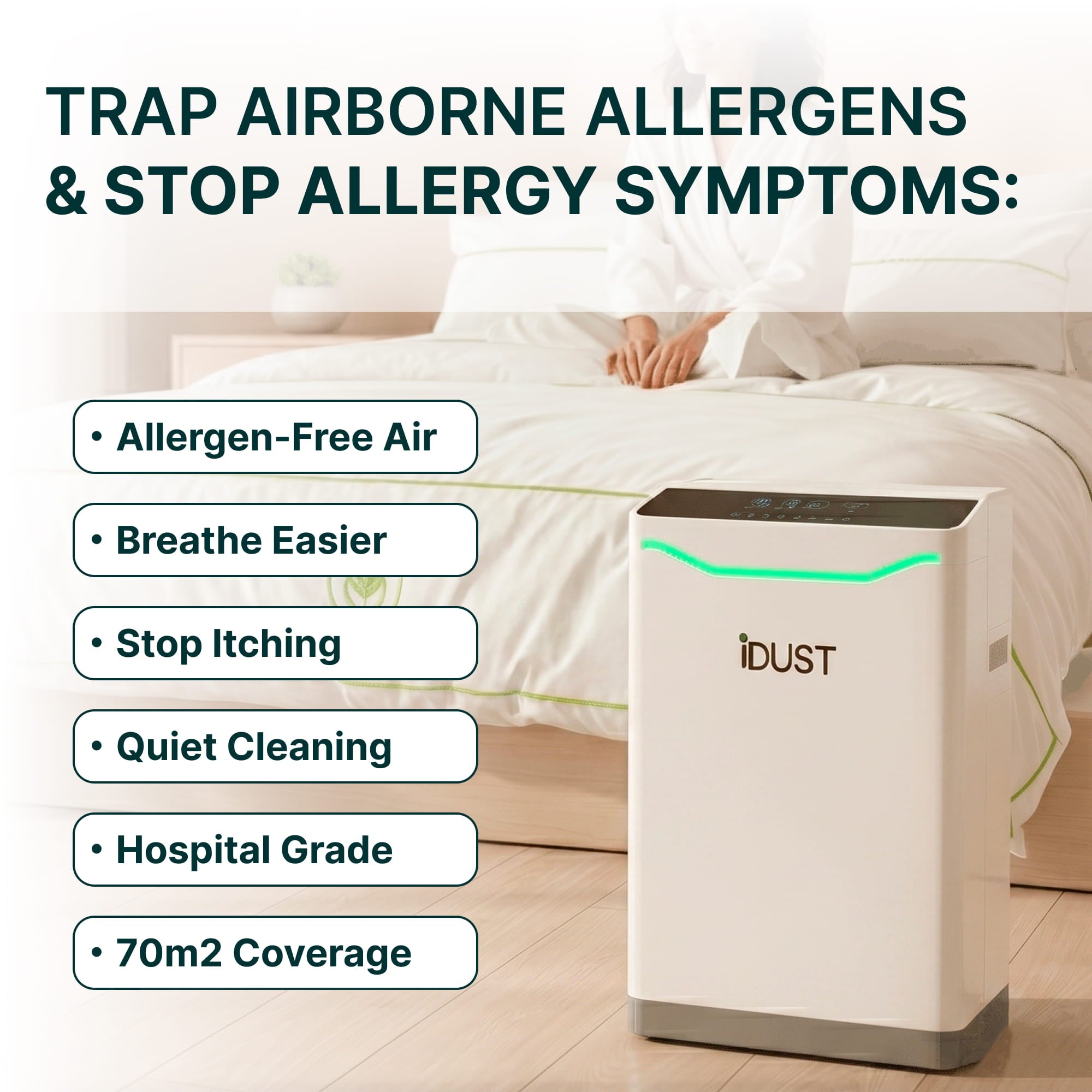 Anti-Dust Mite Air Purifier | HEPA 13 Bedroom Purifier with UV-C