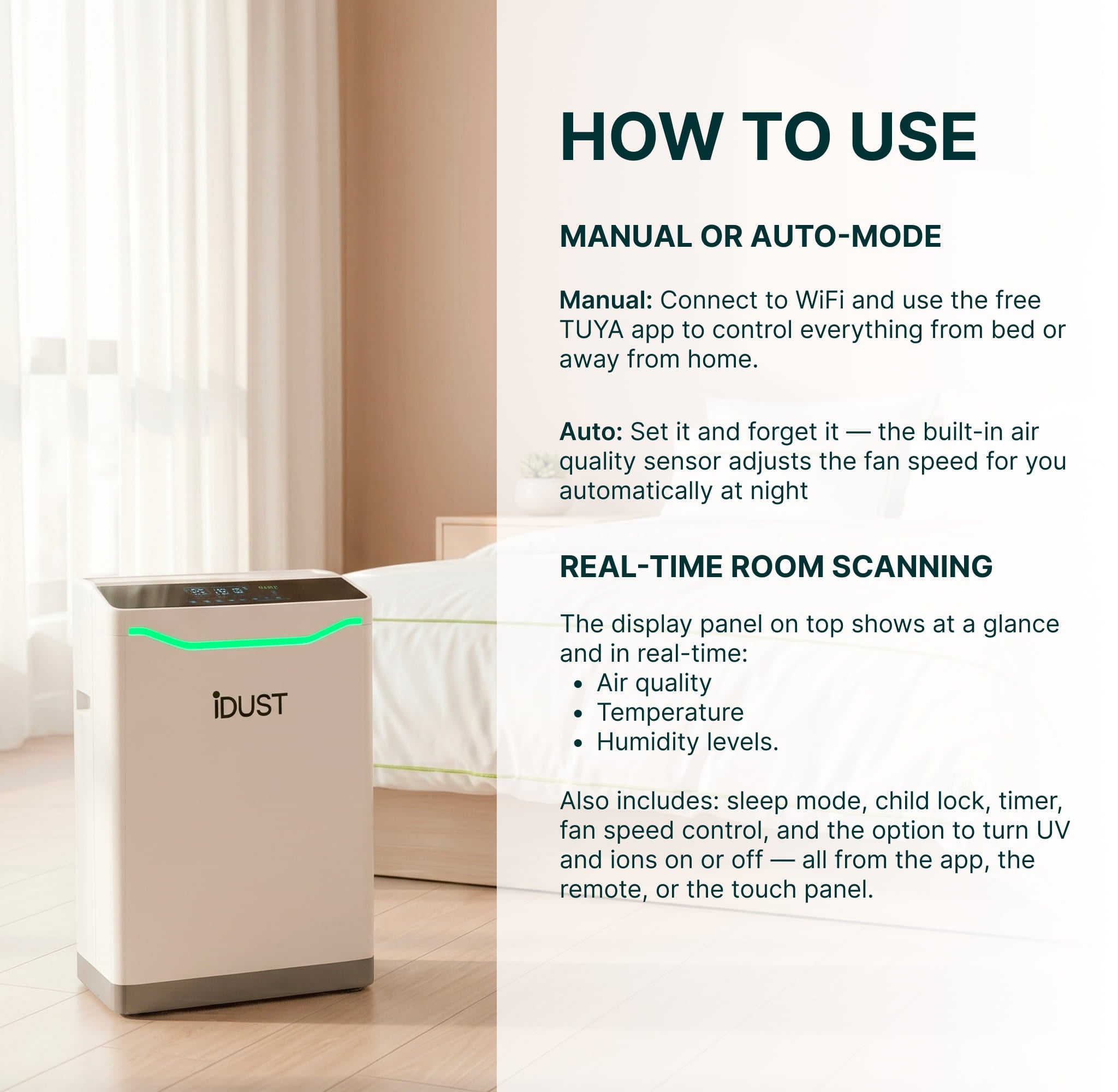 Anti-Dust Mite Air Purifier | HEPA 13 Bedroom Purifier with UV-C