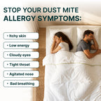 Two people in bed with text about dust mite allergy symptoms and a product solution.