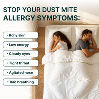 Two people in bed with text about dust mite allergy symptoms and a product solution.