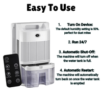 Sleek white dehumidifier with humidity display, designed to reduce bedroom humidity and eliminate dust mites for allergy relief