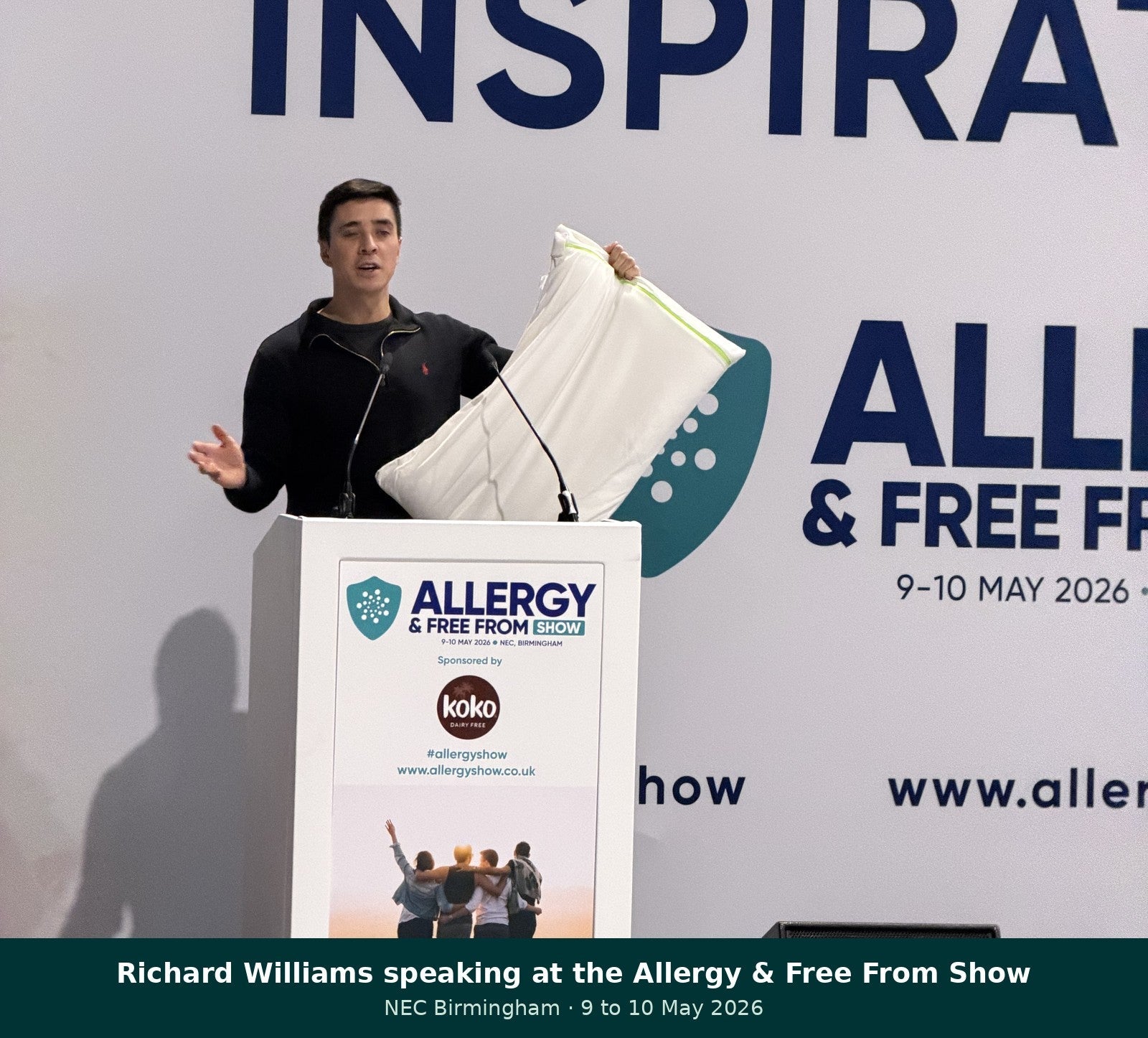 Richard Williams presenting a dust mite proof pillow protector at the Allergy and Free From Show