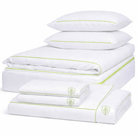 Anti-dust mite bedding set with white zip duvet cover, fitted sheet, pillowcases, and green zip mattress, duvet, and pillow encasements for complete allergy protection