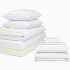 Anti-dust mite bedding set with white zip duvet cover, fitted sheet, pillowcases, and green zip mattress, duvet, and pillow encasements for complete allergy protection
