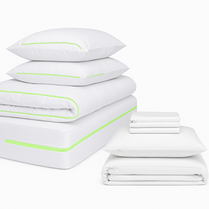 Anti-dust mite bedding set with white zip duvet cover, fitted sheet, pillowcases, and green zip mattress, duvet, and pillow encasements for complete allergy protection
