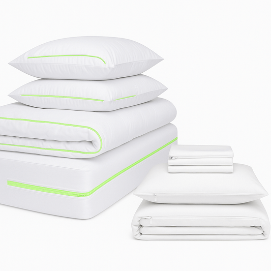 Anti-dust mite bedding set with white zip duvet cover, fitted sheet, pillowcases, and green zip mattress, duvet, and pillow encasements for complete allergy protection
