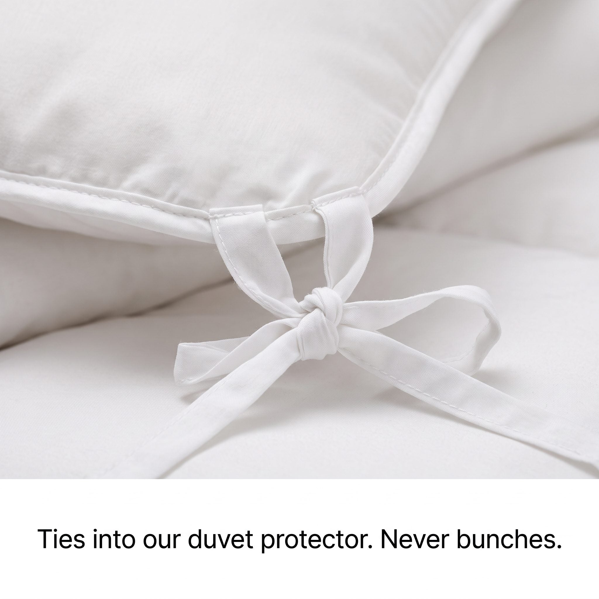 Corner ties attaching the anti dust mite cotton duvet to the iDustMite duvet protector so it never bunches