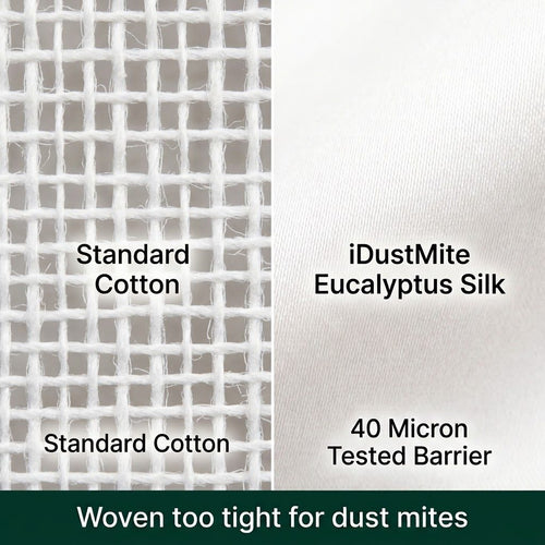 Anti dust mite cotton duvet weave compared to the iDustMite eucalyptus silk 40 micron tested barrier