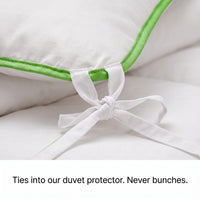 Corner ties attaching the anti dust mite eucalyptus silk duvet to the iDustMite duvet protector so it never bunches