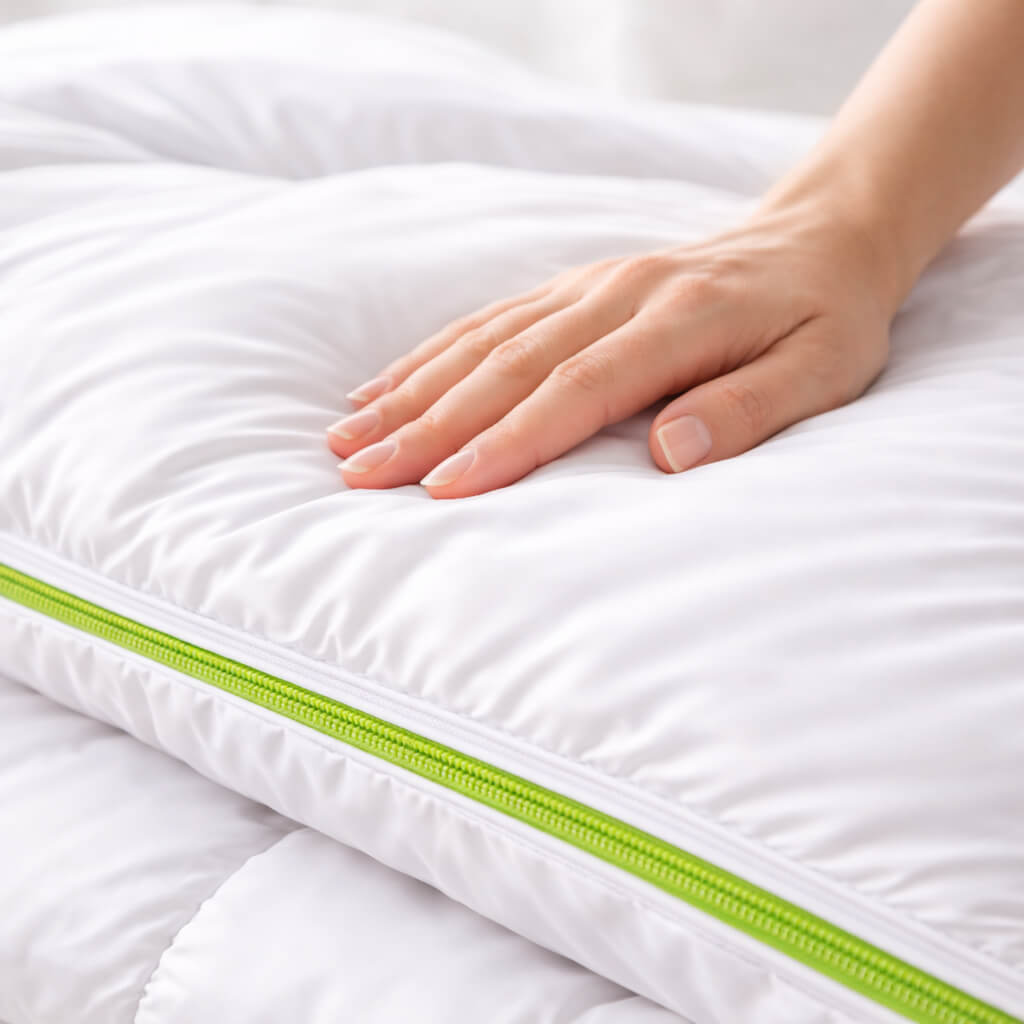 Hand touching the soft duvet encasement fabric with the sealed zip
