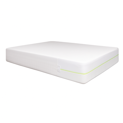 Anti-dust-mite mattress encasement being unzipped by a hand, showing full 6-sided duvet protection.
