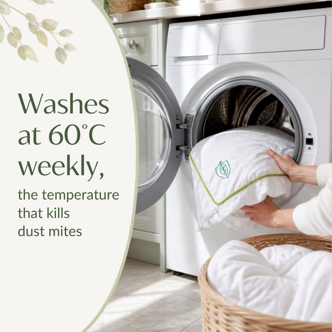 Anti dust mite eucalyptus silk bedding going into the washing machine, washes at 60C, the temperature that kills dust mites