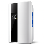 Sleek white dehumidifier with humidity display, designed to reduce bedroom humidity and eliminate dust mites for allergy relief