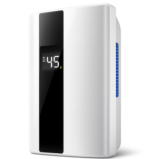 Sleek white dehumidifier with humidity display, designed to reduce bedroom humidity and eliminate dust mites for allergy relief