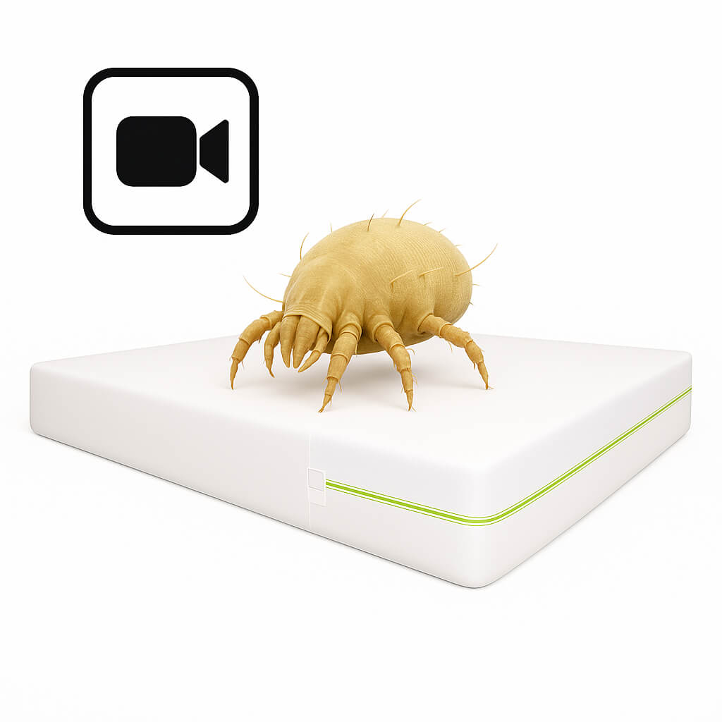 Dust mite allergy relief consultation via webcam, symbolized by a video call icon on a plain white background.