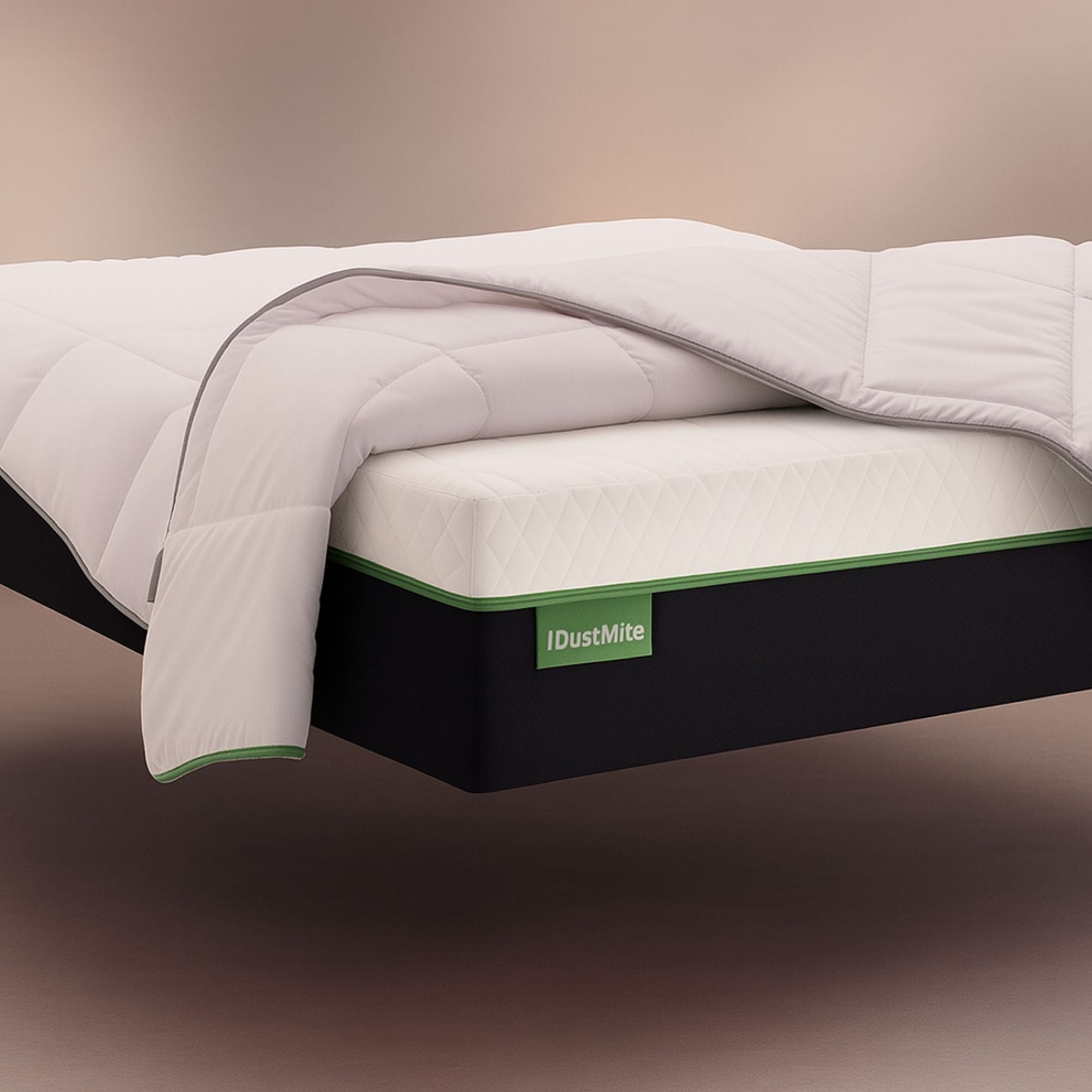 Eucalyptus silk anti-allergy duvet on bed with green trim

