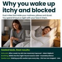 Woman waking itchy and blocked from dust mite allergy, then sleeping peacefully on a bed sealed with iDustMite protectors