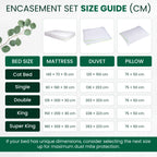 Dust mite protector size guide, mattress, duvet and pillow dimensions for cot bed, single, double, king and super king