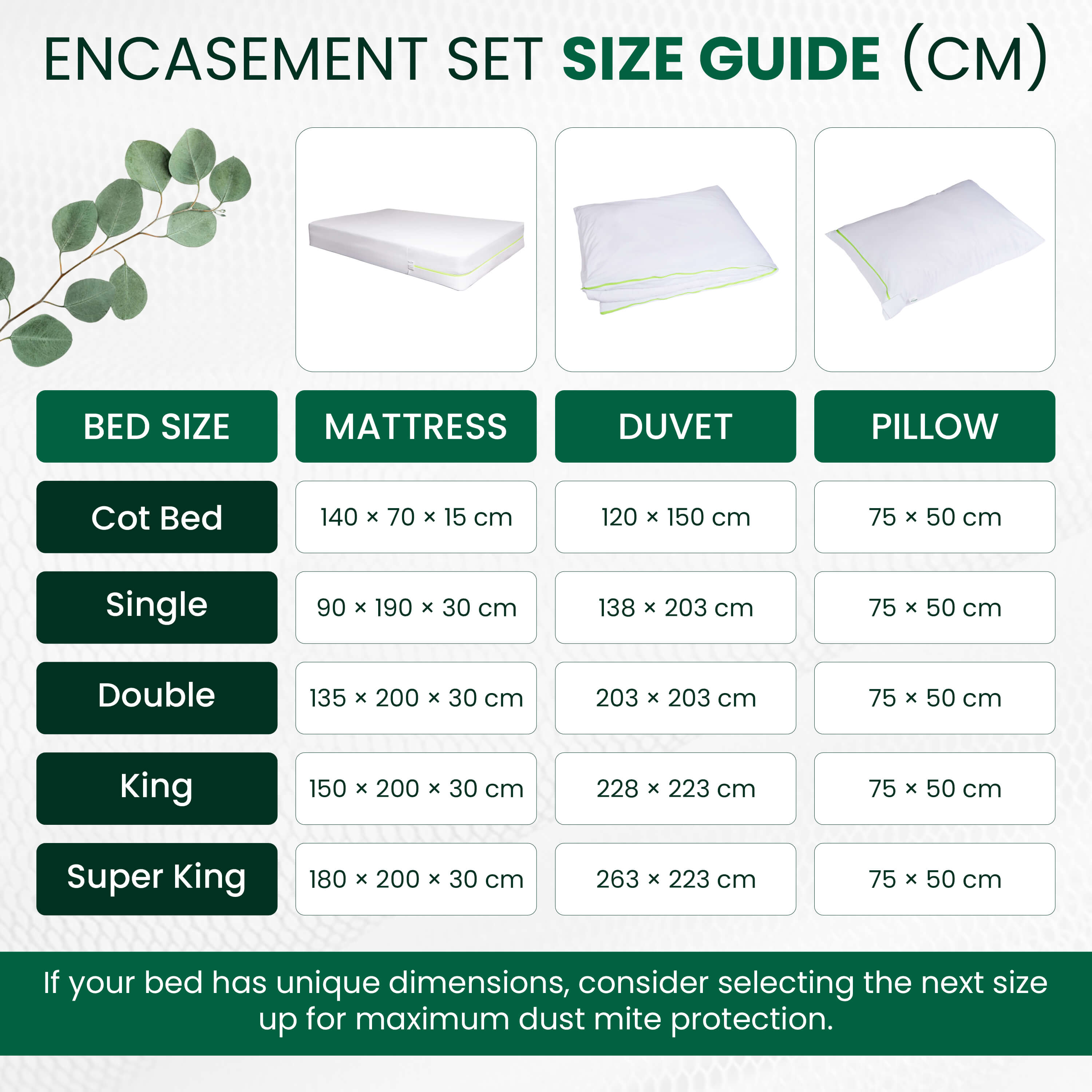 Dust mite protector size guide, mattress, duvet and pillow dimensions for cot bed, single, double, king and super king