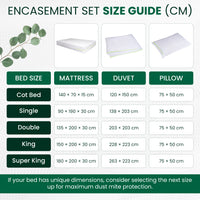 mattress duvet and pillow protector sizes in CM for cot bed, single bed, double bed, king bed and super king bed
