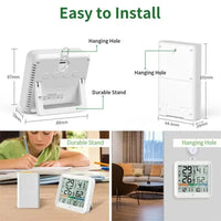 Infographic showing the dust mite humidity monitor dimensions and easy installation options, featuring a durable stand for bedside tables and a hanging hole for wall mounting.