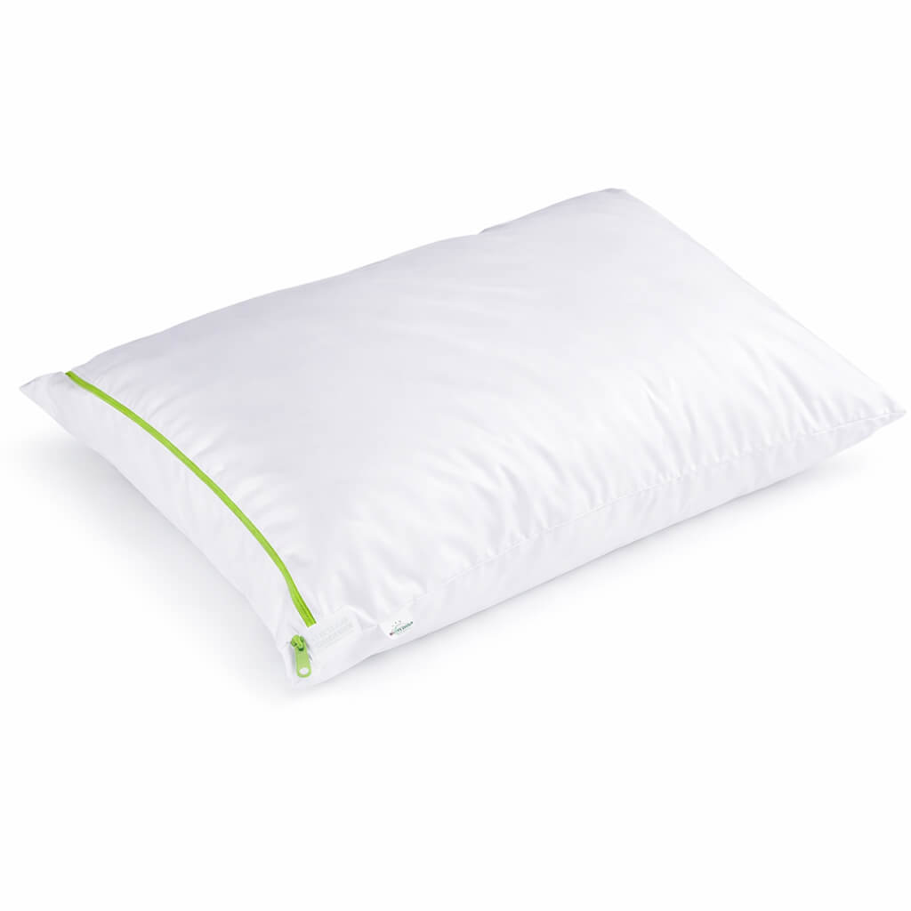 white anti dust mite pillow protector that blocks 100% of dust mites with a dust mite proof green zip