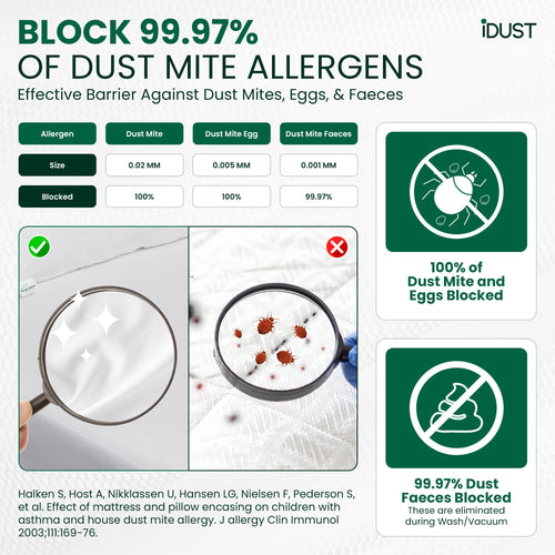 Scientific graphic showing dust mite proof fabric blocks 99.97% of allergens and prevents mite penetration