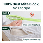 Dust mite proof zip on an iDustMite protector compared with a fragile unsealed standard zip, 100% dust mite block