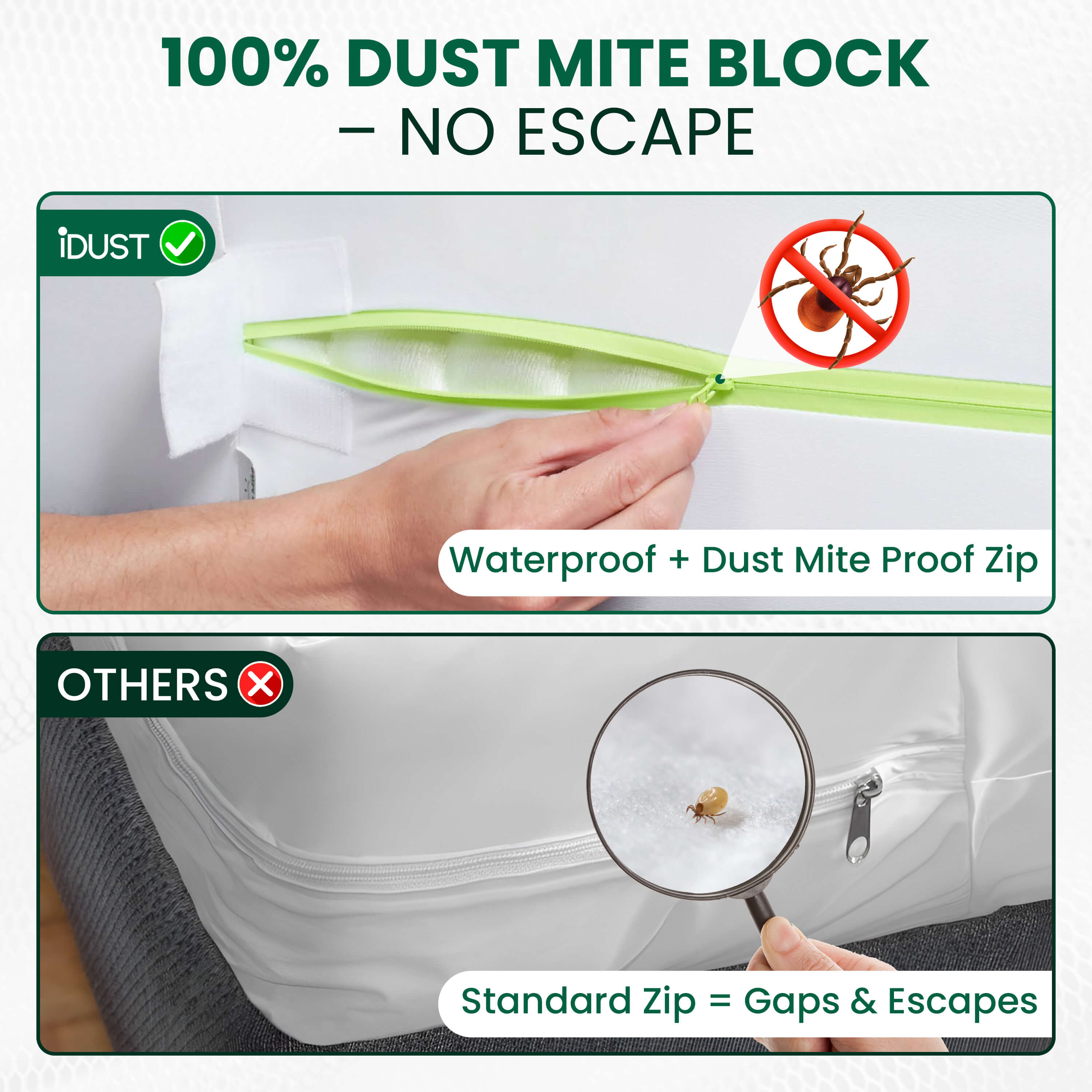 Dust mite proof zip seal compared with a standard zip that lets dust mites through
