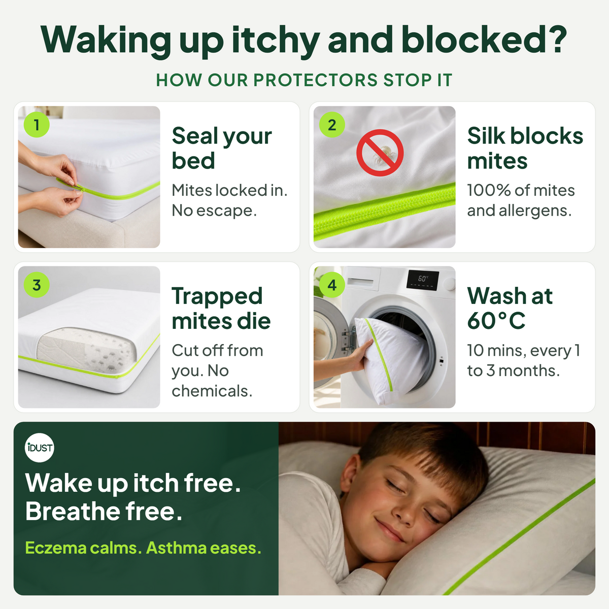 How iDustMite dust mite protectors work: seal your bed, silk blocks mites, trapped mites die, wash at 60C. Wake up itch free and breathe free