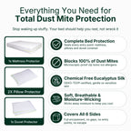 iDustMite dust mite protector set features: 1 mattress protector, 2 pillow protectors, 1 duvet protector. Blocks 100% of dust mites, chemical free OEKO-TEX certified eucalyptus silk, soft and breathable, covers all 6 sides