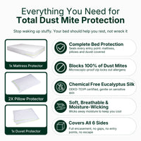 iDustMite dust mite protector set features: 1 mattress protector, 2 pillow protectors, 1 duvet protector. Blocks 100% of dust mites, chemical free OEKO-TEX certified eucalyptus silk, soft and breathable, covers all 6 sides