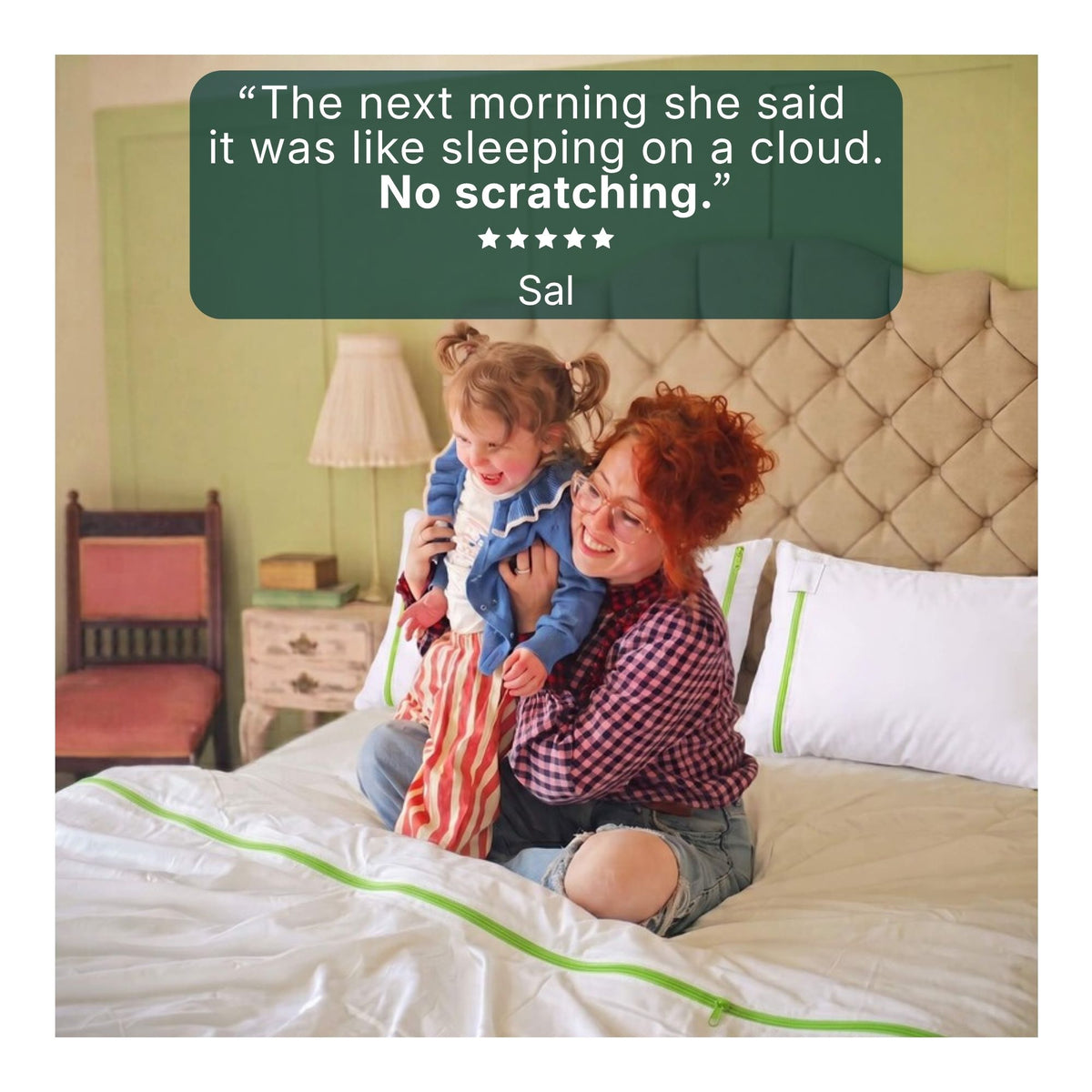 Mum and daughter on a bed with the iDustMite dust mite protector set. Parent review: the next morning she said it was like sleeping on a cloud, no scratching. Sal