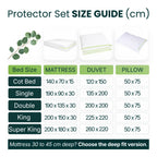 Dust mite protector set size guide in cm: cot bed, single, double, king and super king mattress, duvet and pillow protector sizes