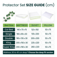 Dust mite protector set size guide in cm: cot bed, single, double, king and super king mattress, duvet and pillow protector sizes