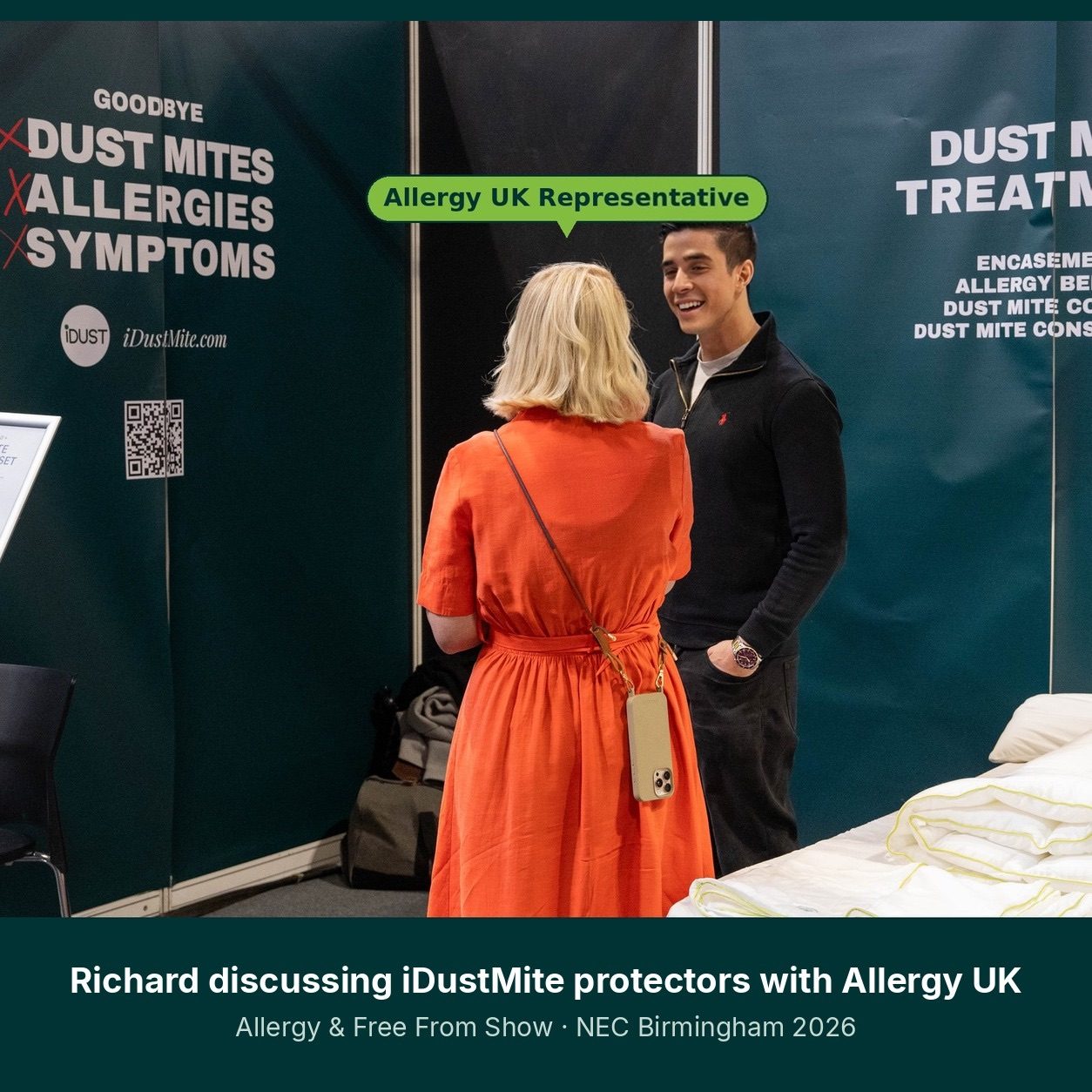 Richard Williams discussing iDustMite dust mite protectors with an Allergy UK representative at the Allergy and Free From Show