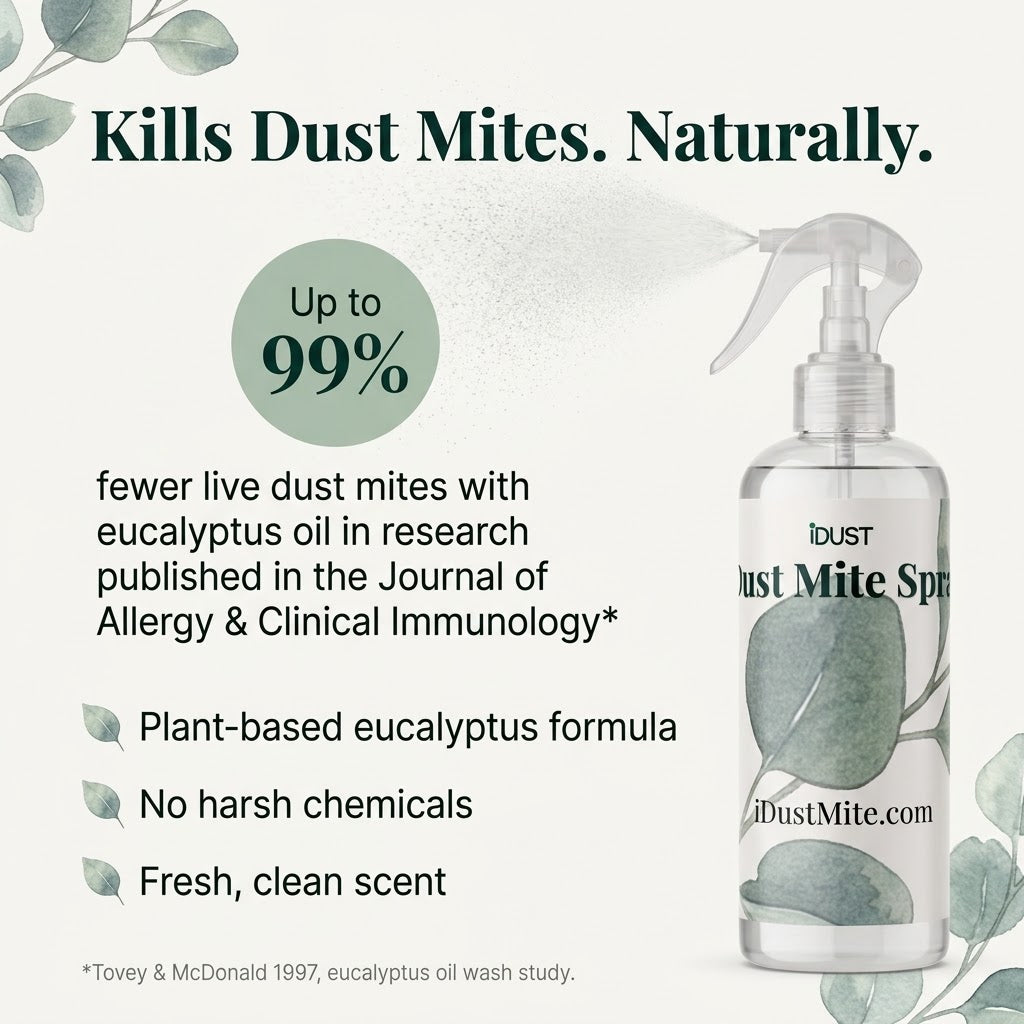 Eucalyptus oil dust mite spray: up to 99% fewer live dust mites in published research