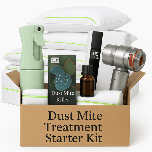 Dust mite treatment starter kit with eucalyptus spray, dehumidifier, HEPA vacuum, anti-dust mite bedding encasements, and allergy protection essentials