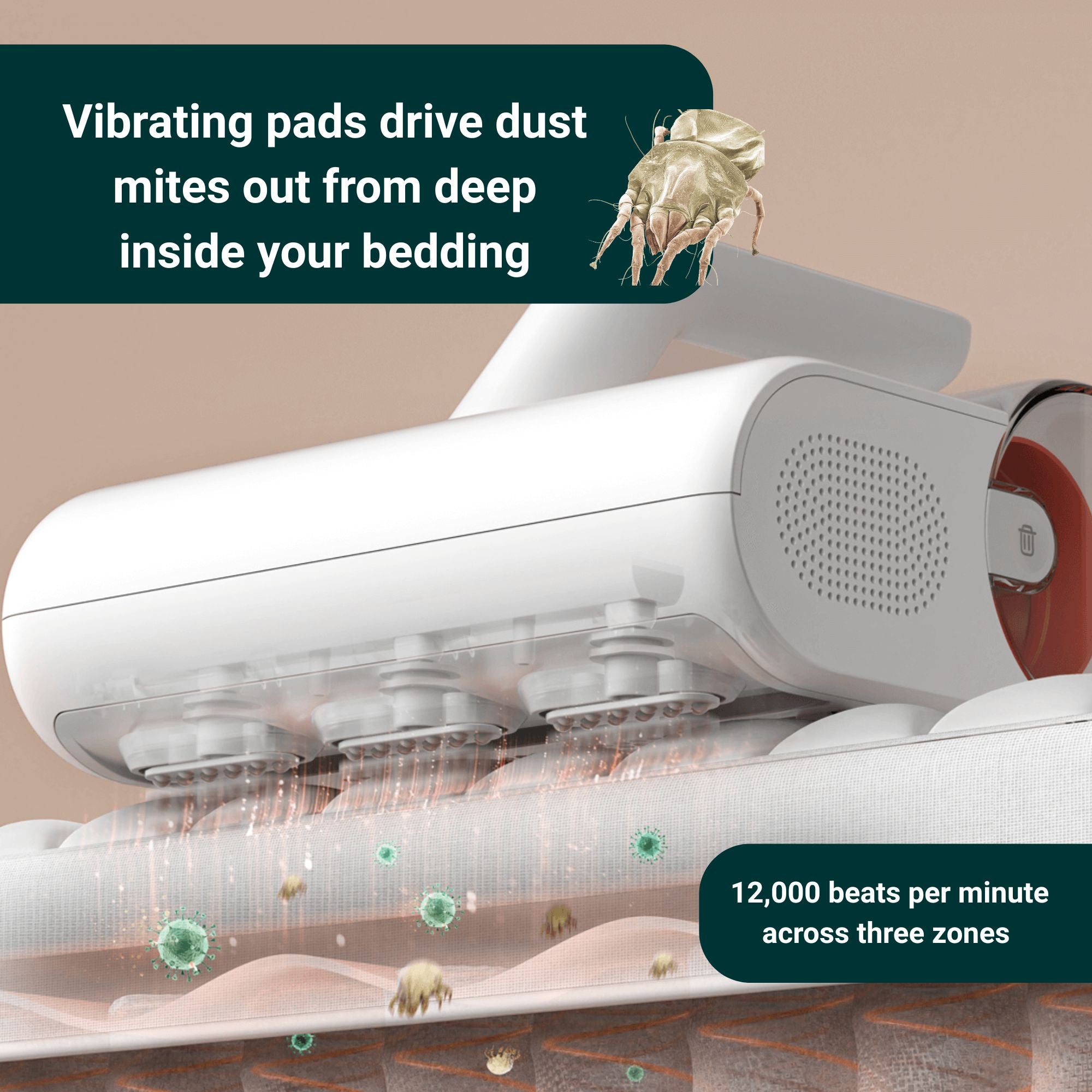 Dust mite vacuum with triple vibrating pads removing dust mites deep inside the mattress