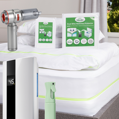 Complete Dust Mite Treatment Kit with Mattress Encasements, Allergy Spray, Vacuum, and Dehumidifier for Allergy Protection