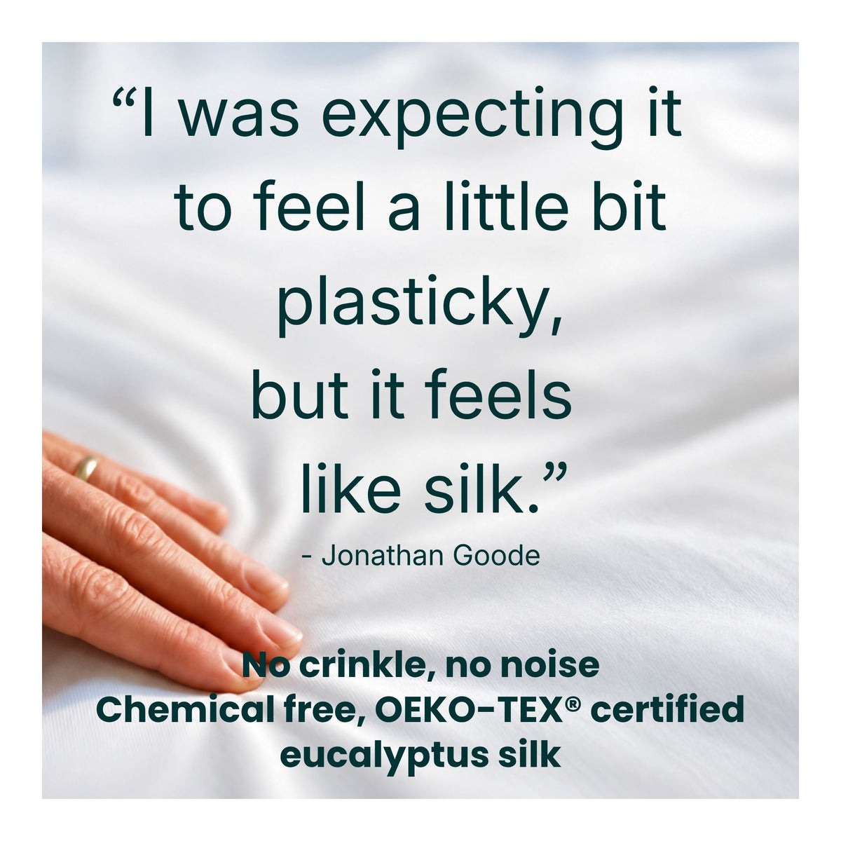 Customer review of the iDustMite eucalyptus silk dust mite protector: expected plasticky, feels like silk. No crinkle, no noise. Chemical free, OEKO-TEX certified eucalyptus silk