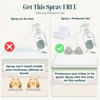 Dust mite spray FREE with the protector bundle: protectors seal dust mites in, the spray kills the ones on the surface