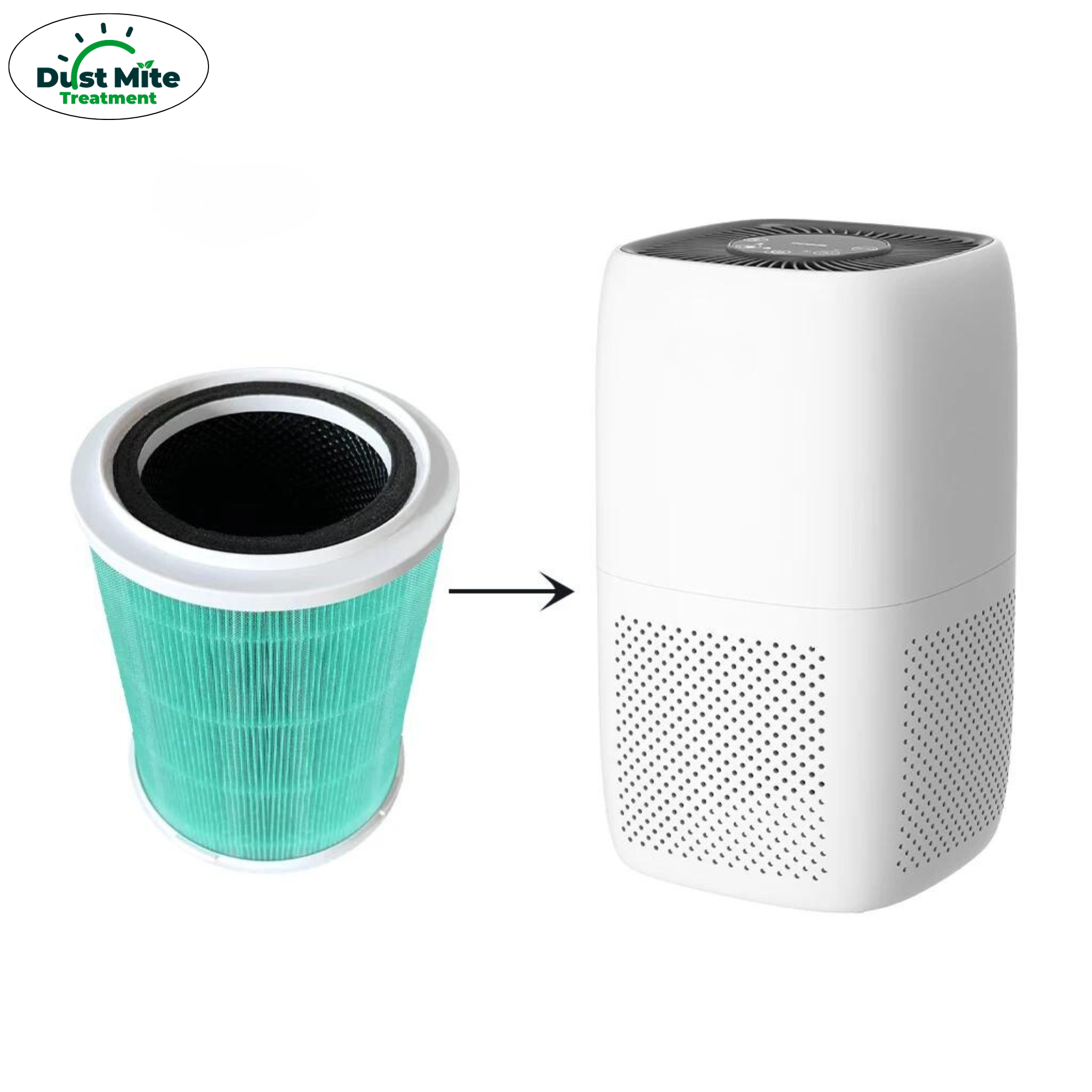 Replacement True HEPA filter shown next to the compatible white Dust Mite Treatment air purifier, illustrating the filter change process to capture allergens.